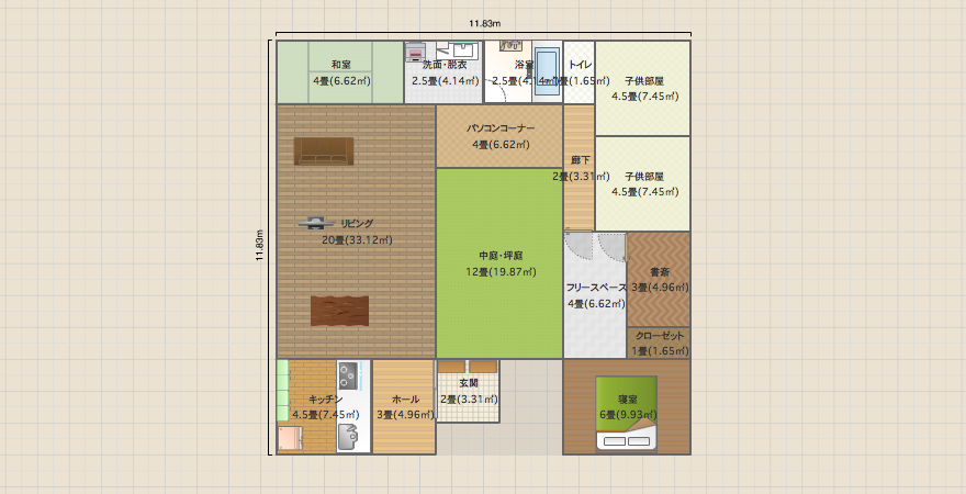 中庭のある平屋北和室正方形