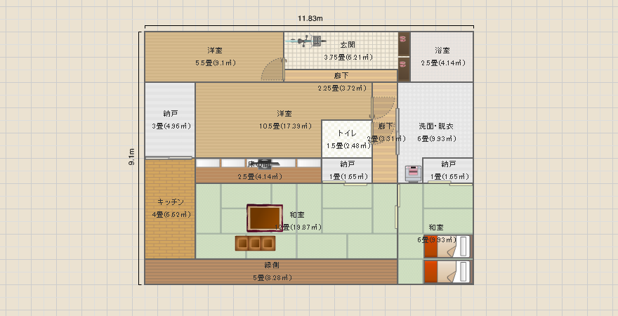 パントリー付キッチンと縁側のある和室リビング　収納部屋の洋室広め