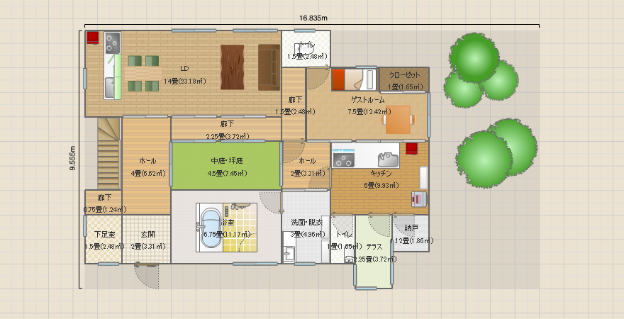 そこそこ広いゲストルーム＋中庭＋天空に浮かぶWC