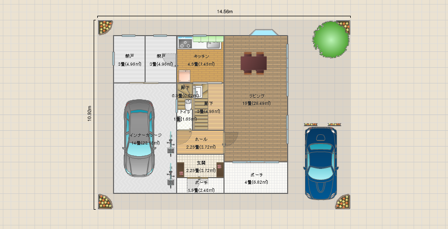 ３ＬＤＫ、土地５０坪、２台駐車、インナーガレージ、書斎、南入り、２階水回り