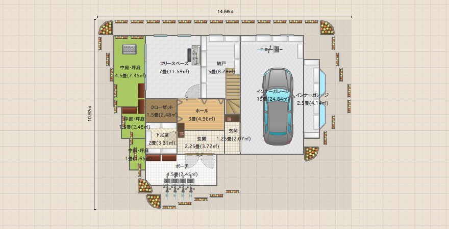 インナーガレージ案２　土地40坪　建ぺい率60%