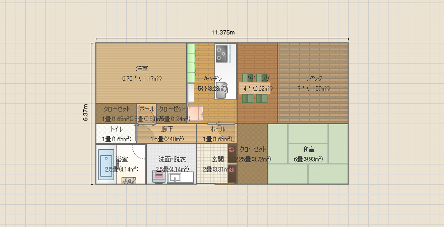 21.8坪 平屋　真ん中玄関  左下サニタリー