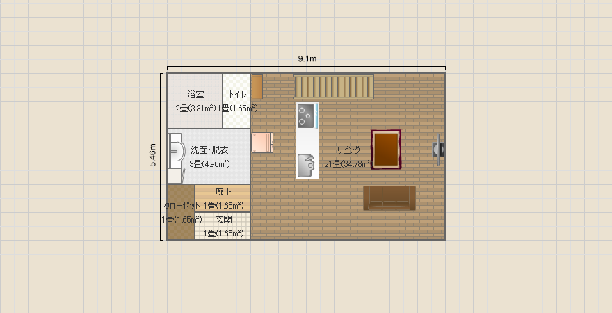 3LDK  クローゼットで間仕切り