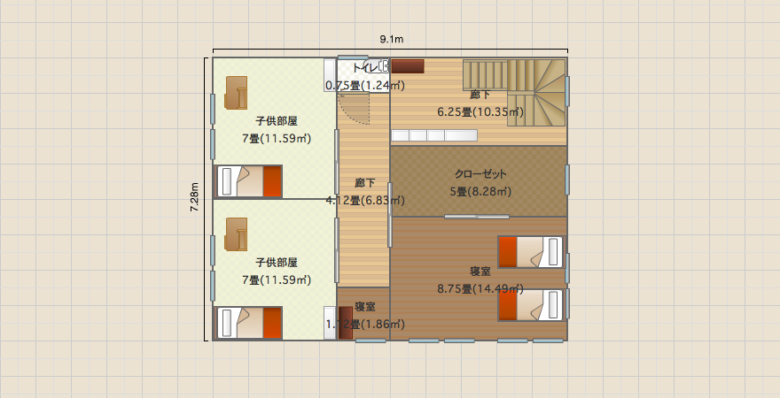 2階変更案1_本棚を廊下に置けるレイアウト