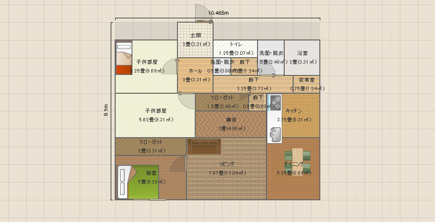 平屋北玄関3LDK書斎