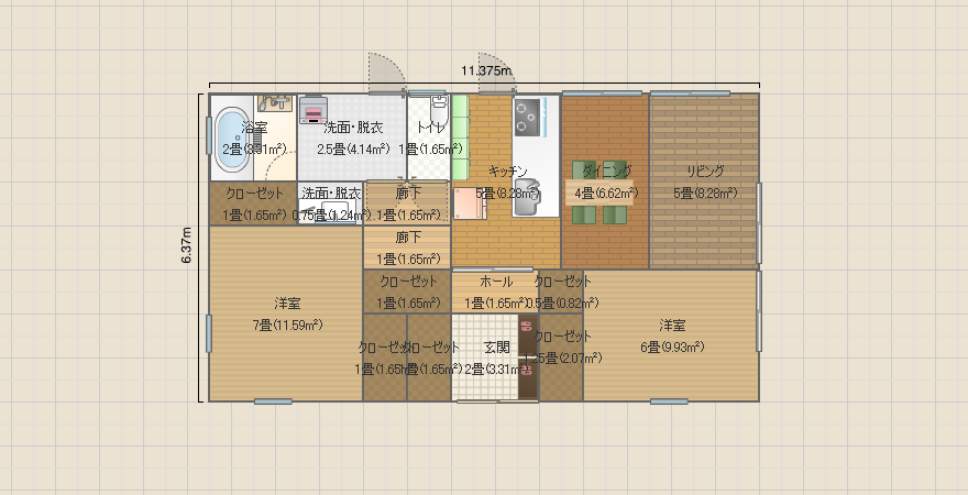 21.8坪　平屋　真ん中玄関 左上サニタリー