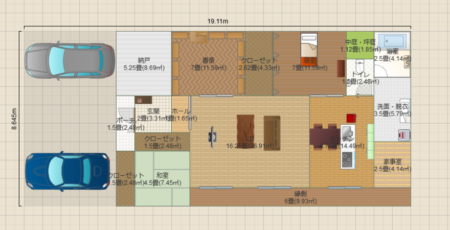 平屋。玄関クローゼット＋土間収納、広い書斎、広々LDK、ウッドデッキ