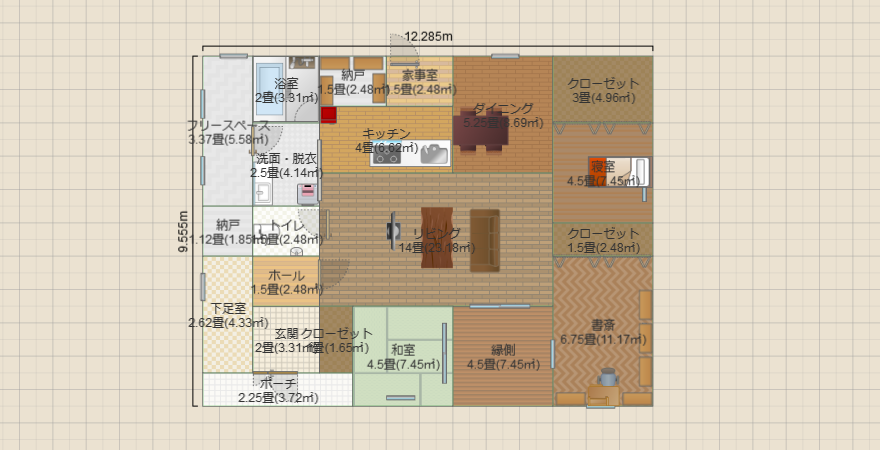 平屋。下足室＋収納、広い書斎、ウッドデッキ、脱衣所奧は室内物干し場