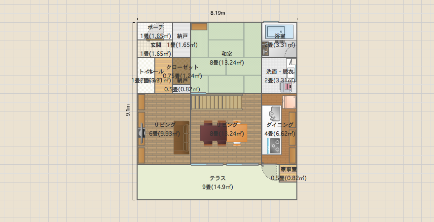 Box house 1F和室 4x4.5間 中央階段A