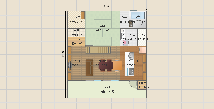 Box house 1F和室 4x4.5間 中央階段B