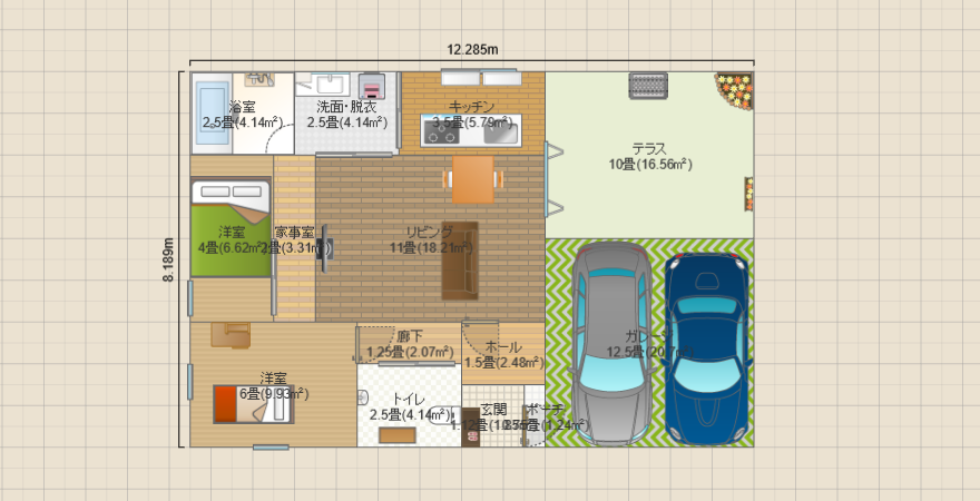 夫婦の平屋/家事動線洗面所からキッチン通ってテラスへ