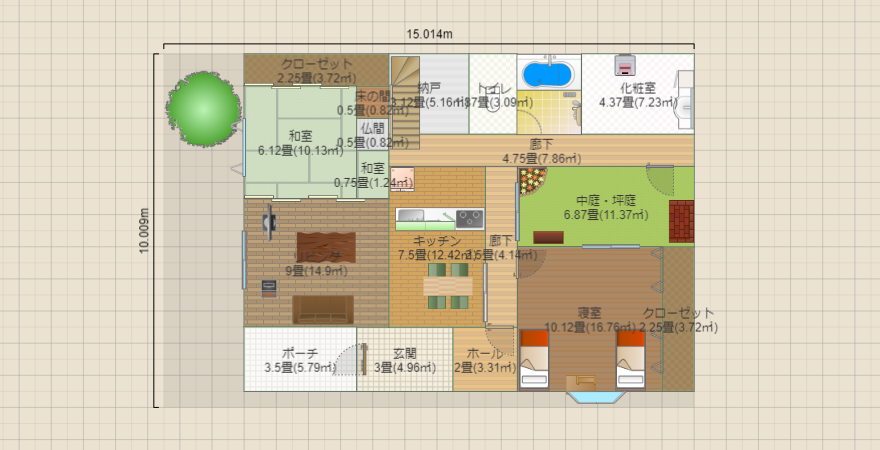 中庭にピザ釜がある家