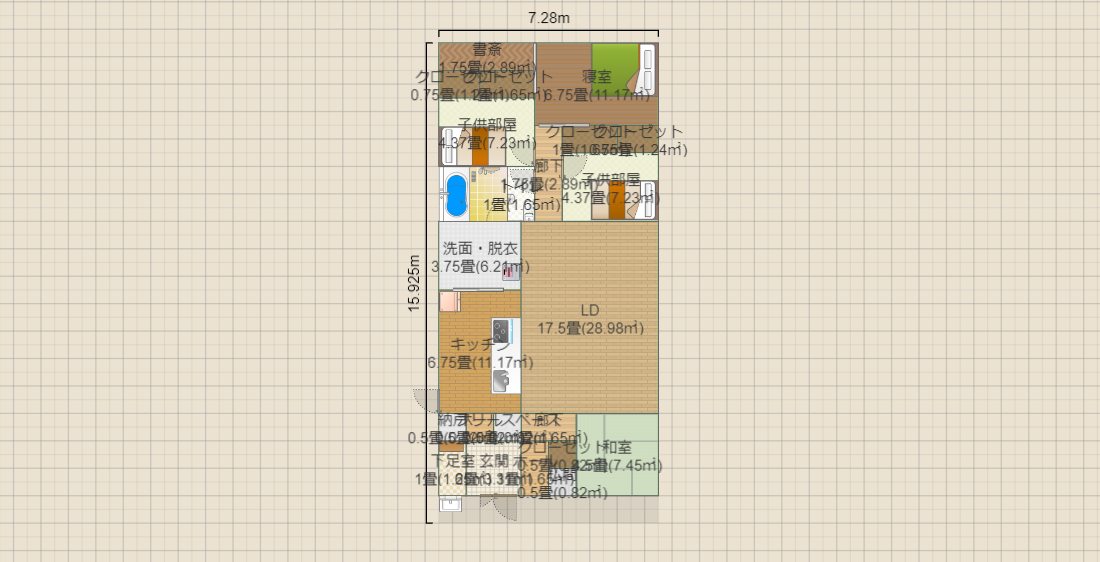 1階建　寝室　子供部屋２つ　LDK広め　縦長