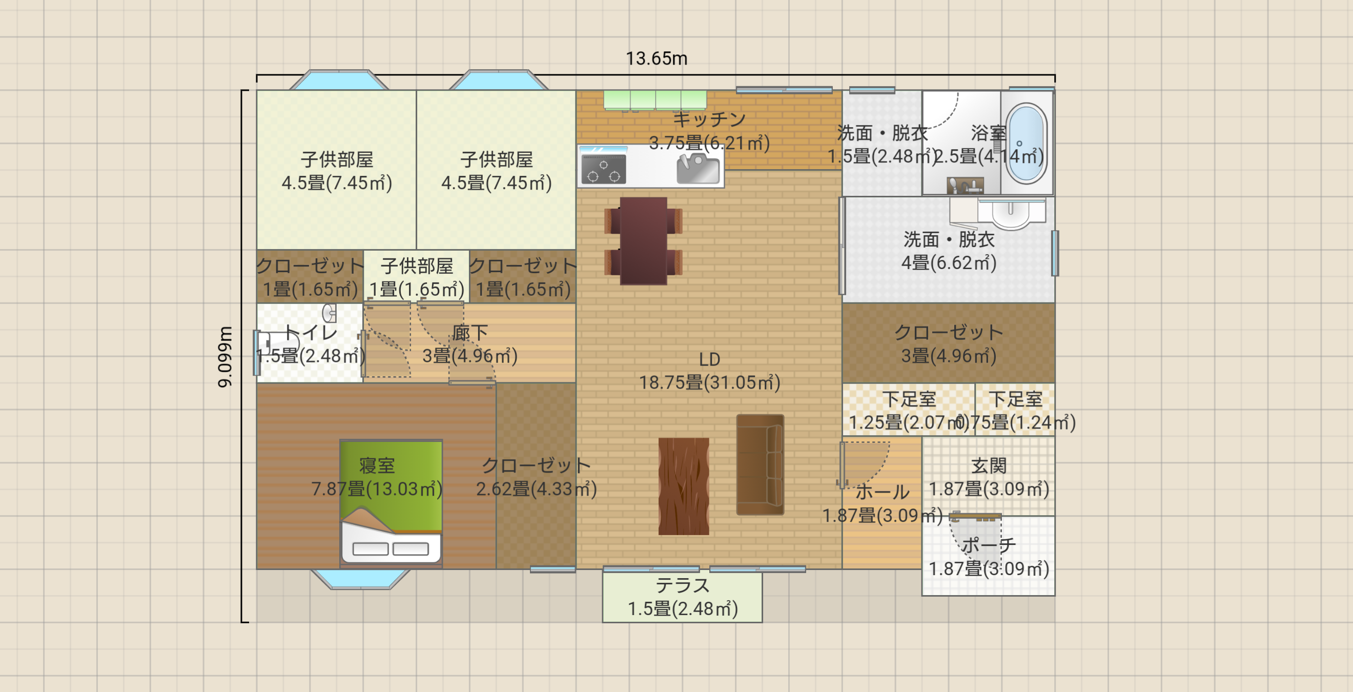 平屋3LDK屋根裏収納有35坪