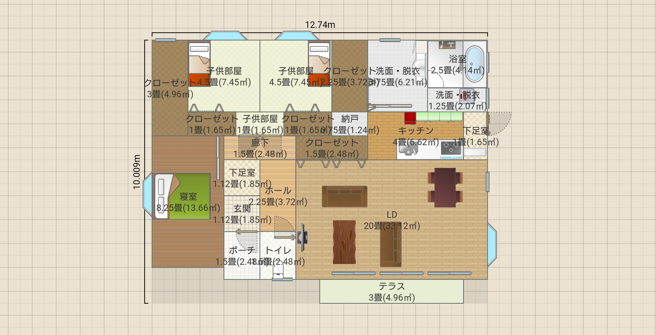 平屋3LDK屋根裏収納有35坪