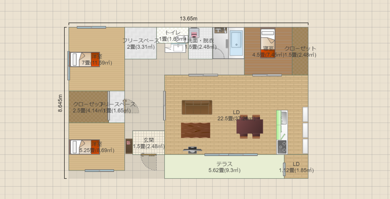 平屋３ＬＤＫ　洋室ｽﾙｰ