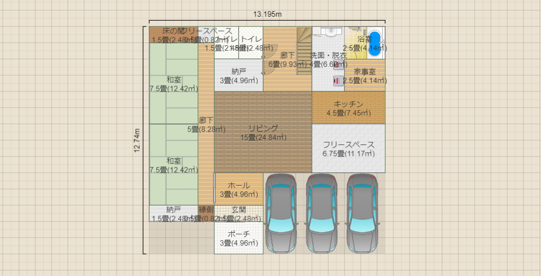 【家族4人】【ガレージ＋和室】【正方形】