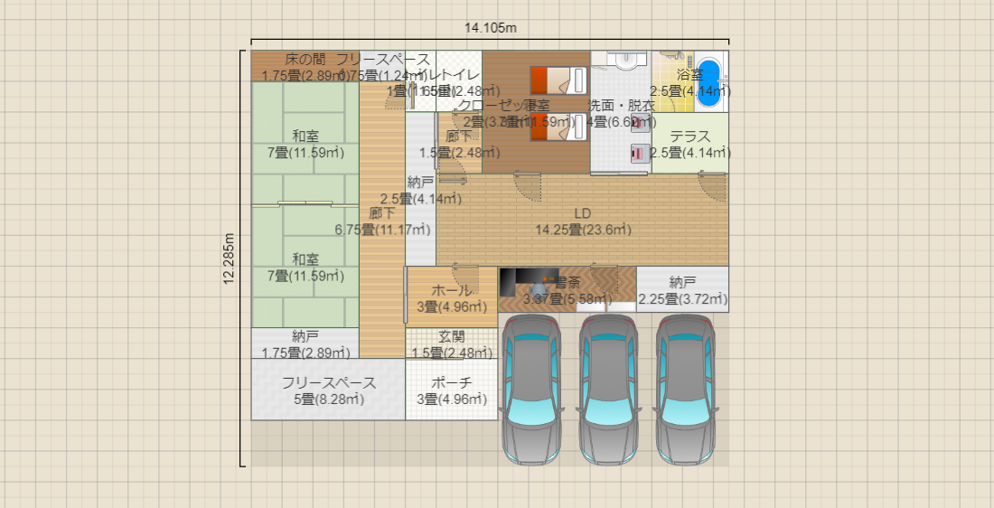 【家族4人】【ガレージ＋和室】【正方形】