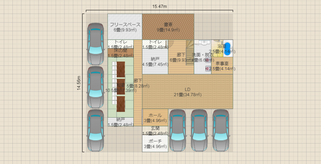 【家族4人】【ガレージ＋和室】【正方形】