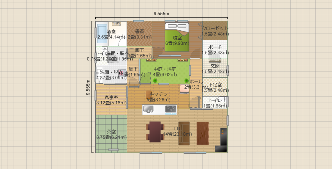 中庭4畳2LDK(19畳)-NBL(T2)9.6ｘ9.6 R3.5