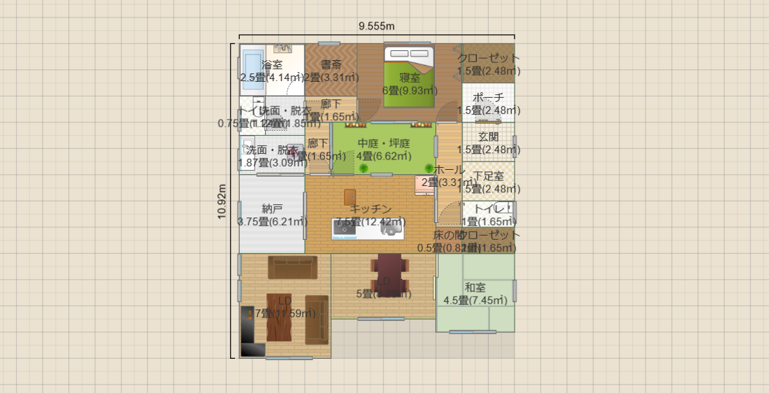 中庭4畳2LDK(19畳)-NBL-和SE-W出(T2)9.6ｘ10.9 R3.5