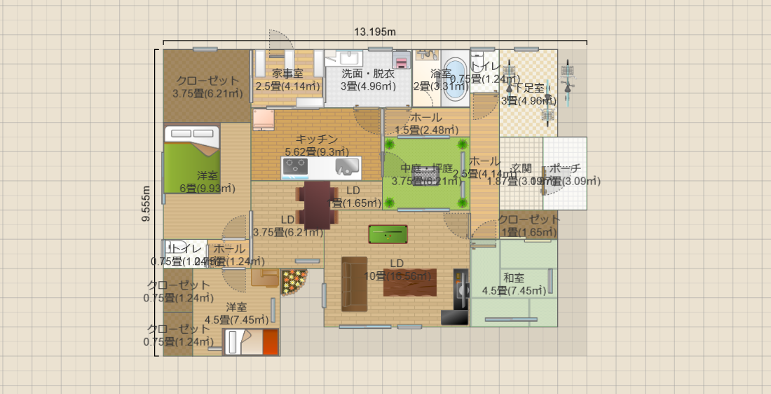 動線・中庭3.7畳の平屋3LDK(20畳)(T2)13.1ｘ9.5 R5