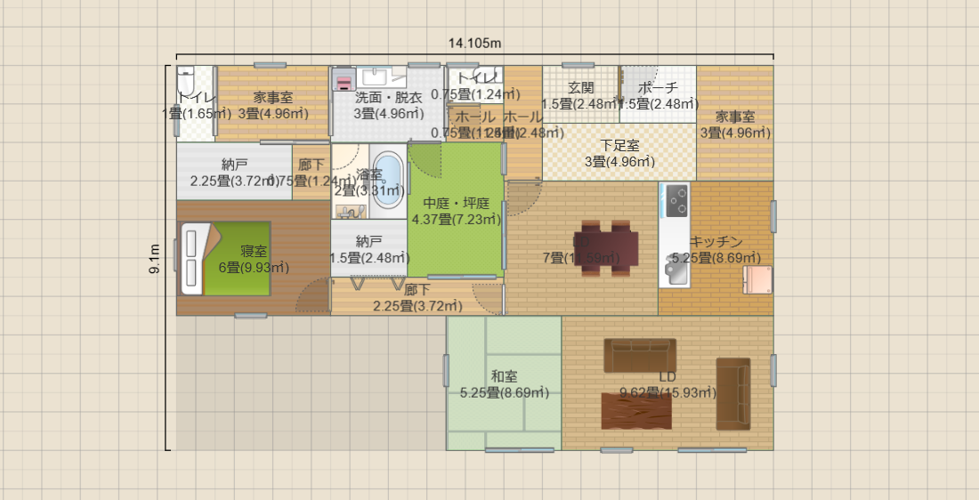 中庭4.3畳の平屋2LDK(約22畳)(T2)14.1ｘ9.1 R4.5-PGK-SC