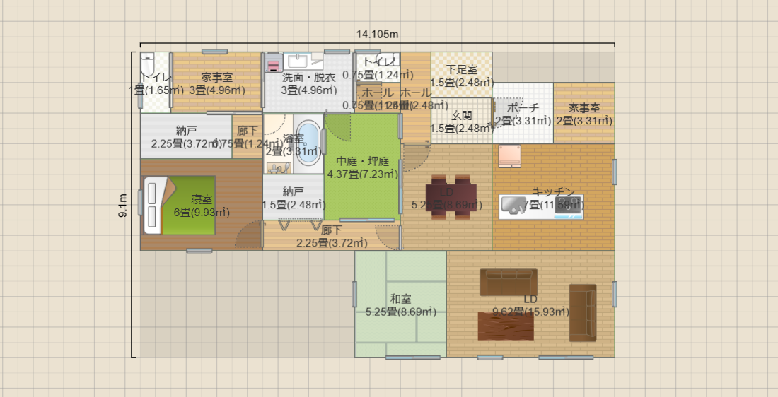 中庭4.3畳の平屋2LDK(約22畳)(T2)14.1ｘ9.1 R4-GPK