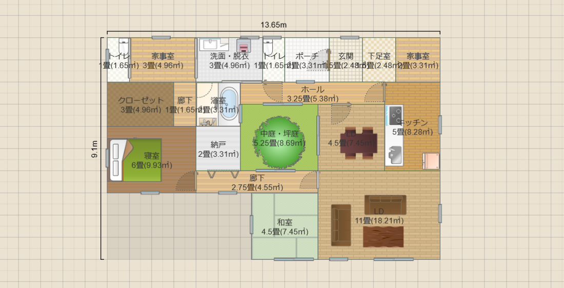 中庭5.2畳の平屋2LDK(20.5畳)(T2)13.6ｘ9.1　R5-PGSK