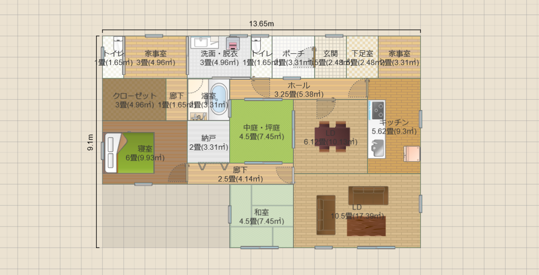 中庭4.5畳の平屋2LDK(約22畳)(T2)13.6ｘ9.1　R5-PGSK