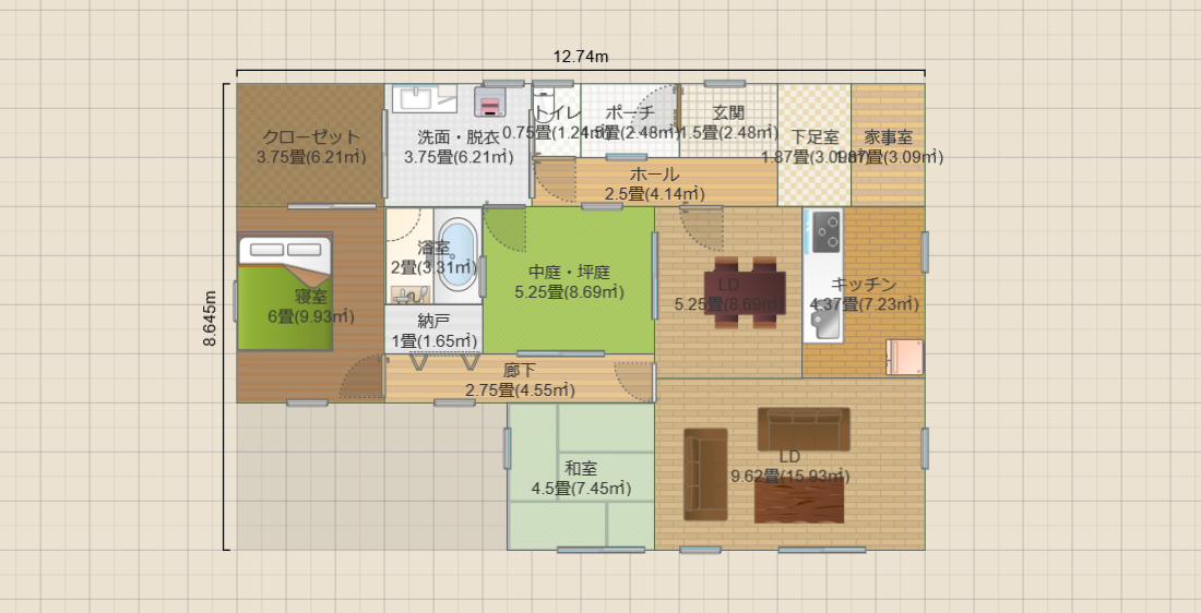 中庭5.2畳の平屋2LDK(19畳)(T1)12.7ｘ8.6 R3.5-LC