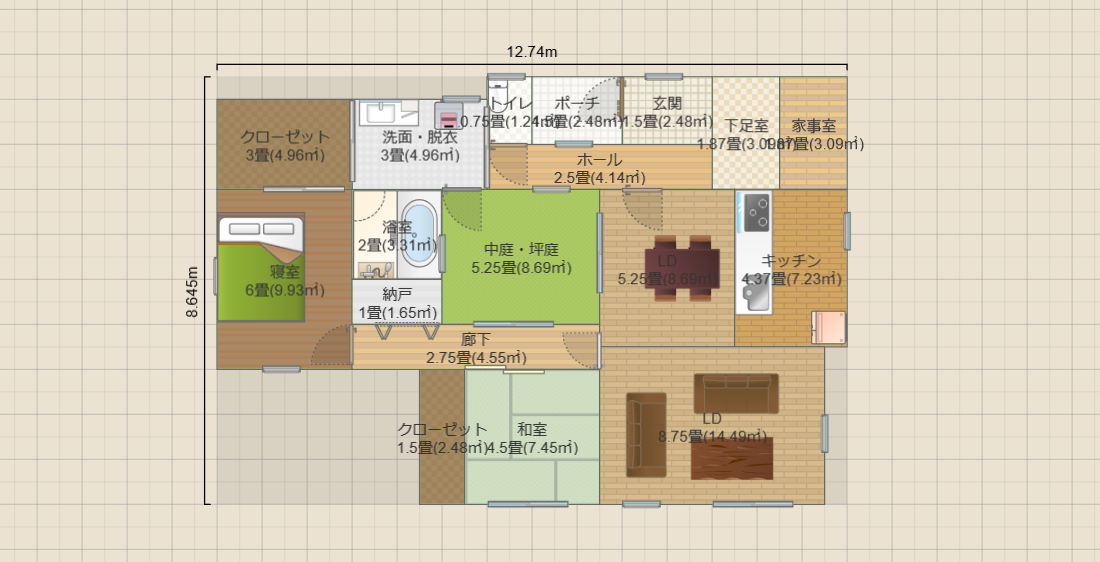 中庭5.2畳の平屋2LDK(19畳)(T1)12.7ｘ8.6 R3-LC