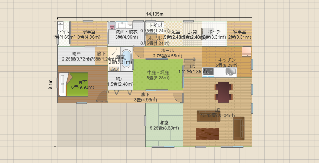 中庭5畳の平屋2LDK(約21畳)(T2)14.1ｘ9.1 R4.5-SGPK