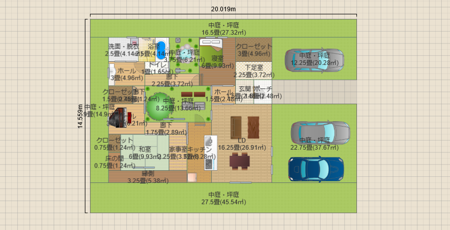 癒しの平屋中庭8.3畳　2LDK(21畳)+1　12.3ｘ10.9　R5