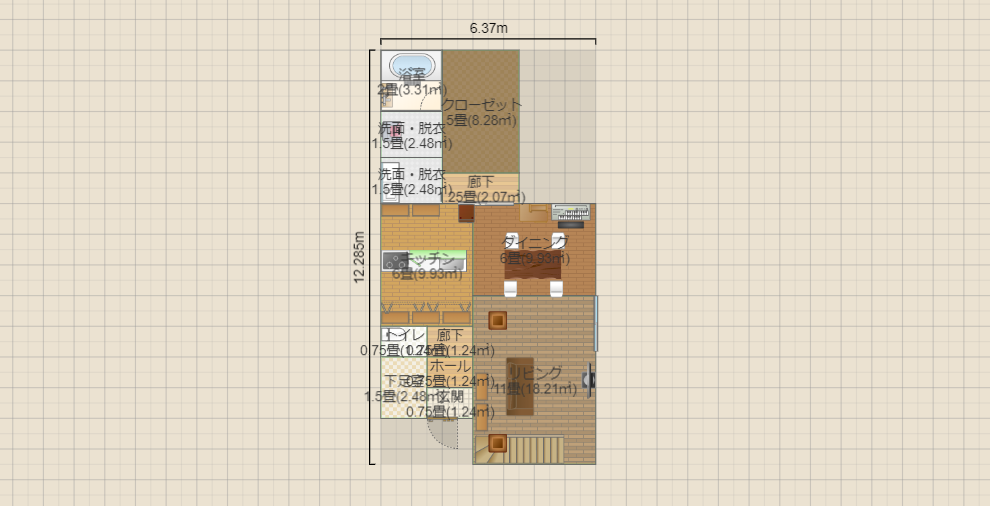 【リビング階段】キッチン横ならびダイニング、脱衣所と洗面所別