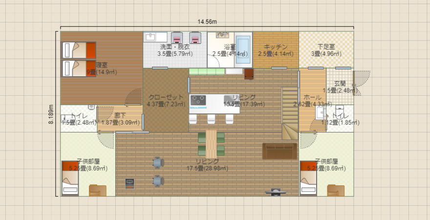 平屋36坪　子供部屋南両端　LDK28畳