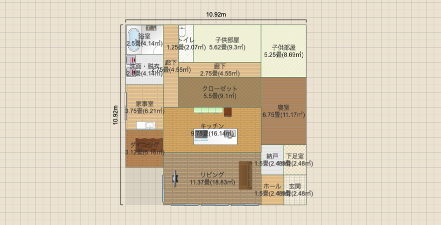 南北に長いL字平屋（L字LDK・風呂中央）