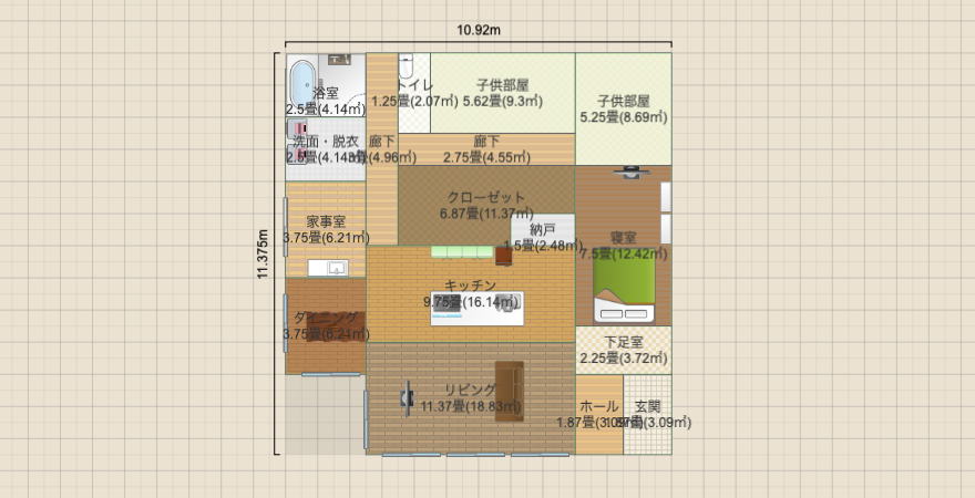 南北に長いL字平屋（L字LDK・風呂北西）