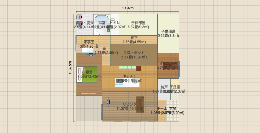 南北に長いL字平屋（寝室南西）