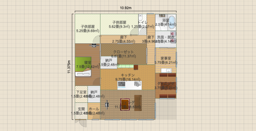 南北に長いL字平屋（寝室西）