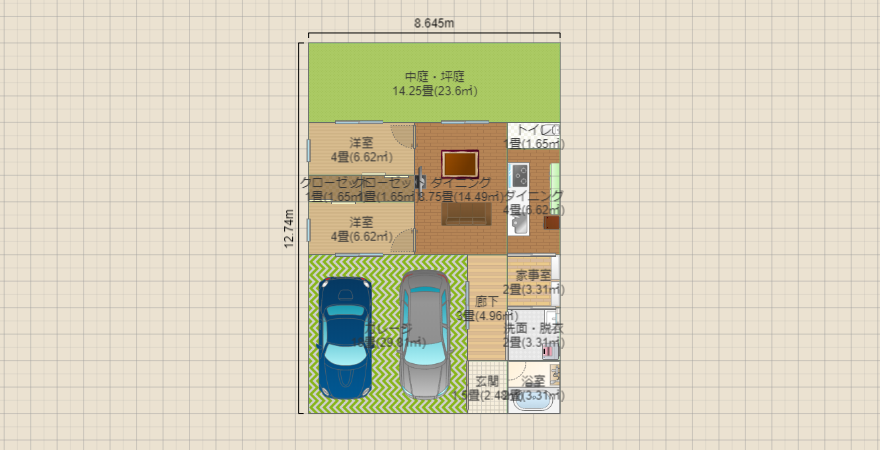 ﾛｰｺｽﾄ 平屋ｶﾞﾚｰｼﾞﾊｳｽ［長屋26坪］（家事動線直線型）