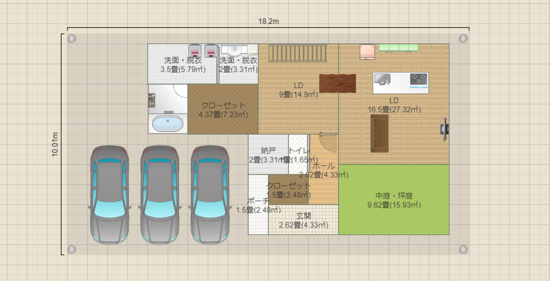 3LDK,Ⅼ字ＬＤＫ,ファミクロ,中庭,吹き抜けリビング