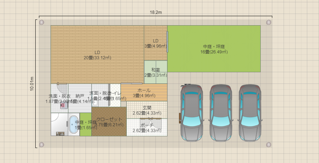 3LDK,坪庭お風呂,2階FREE SPACE,広々バルコニー