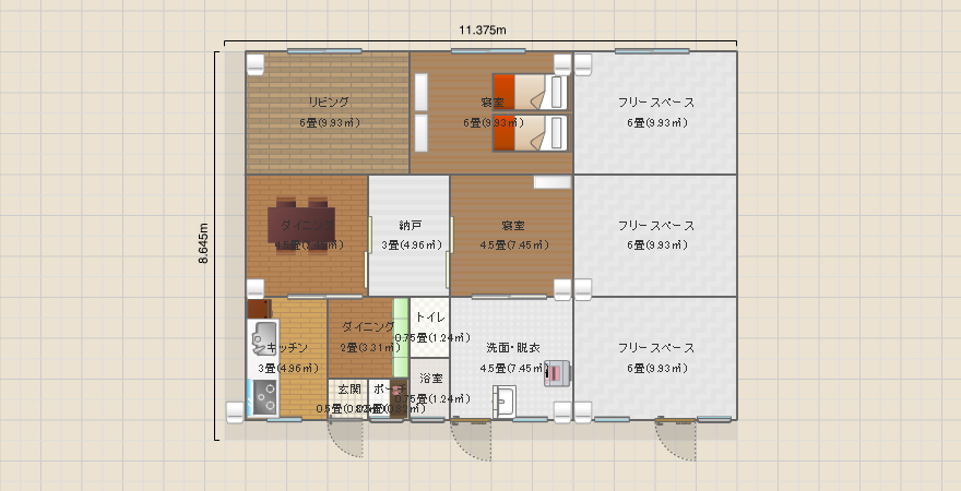 キッチン③⑤風呂、トイレ②壁1or2面