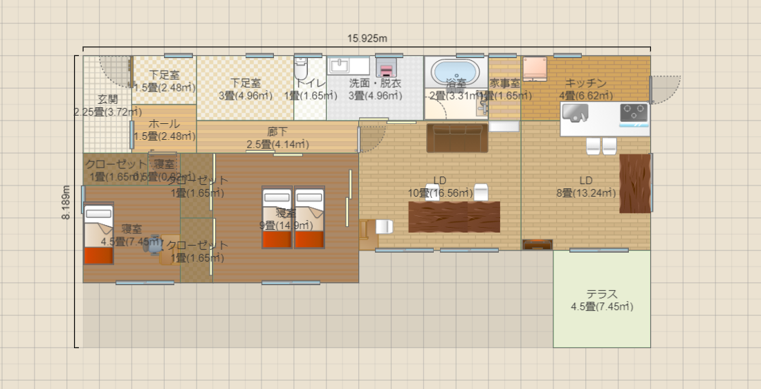 【薪ストーブのある平屋】ゆったり3人暮らし向け / 各部屋使いやすいサイズ(キッチン4畳・洗面3畳・屋根裏収納10畳・リビング「短辺2間の縦長(4.5間)」) / 風通し良 / リビングからの南眺望良 / キッチン脇に食品庫